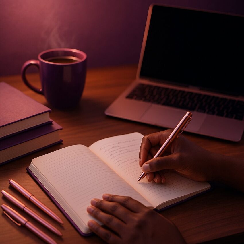 Woman writing tag desk.